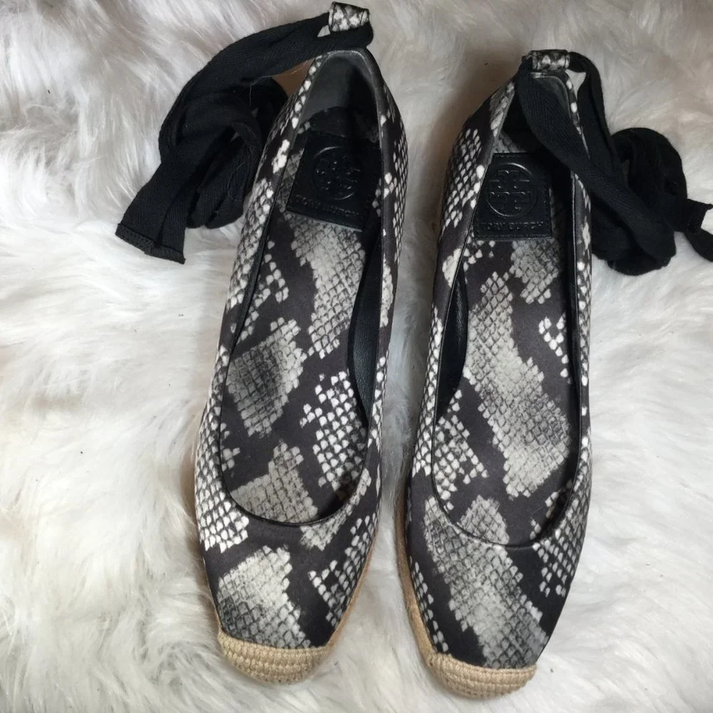 Tory Burch Heather Snakeskin Espadrille Wedge Heels Sz 7